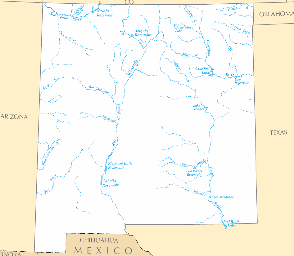 Carte rivières et lacs Nouveau Mexique