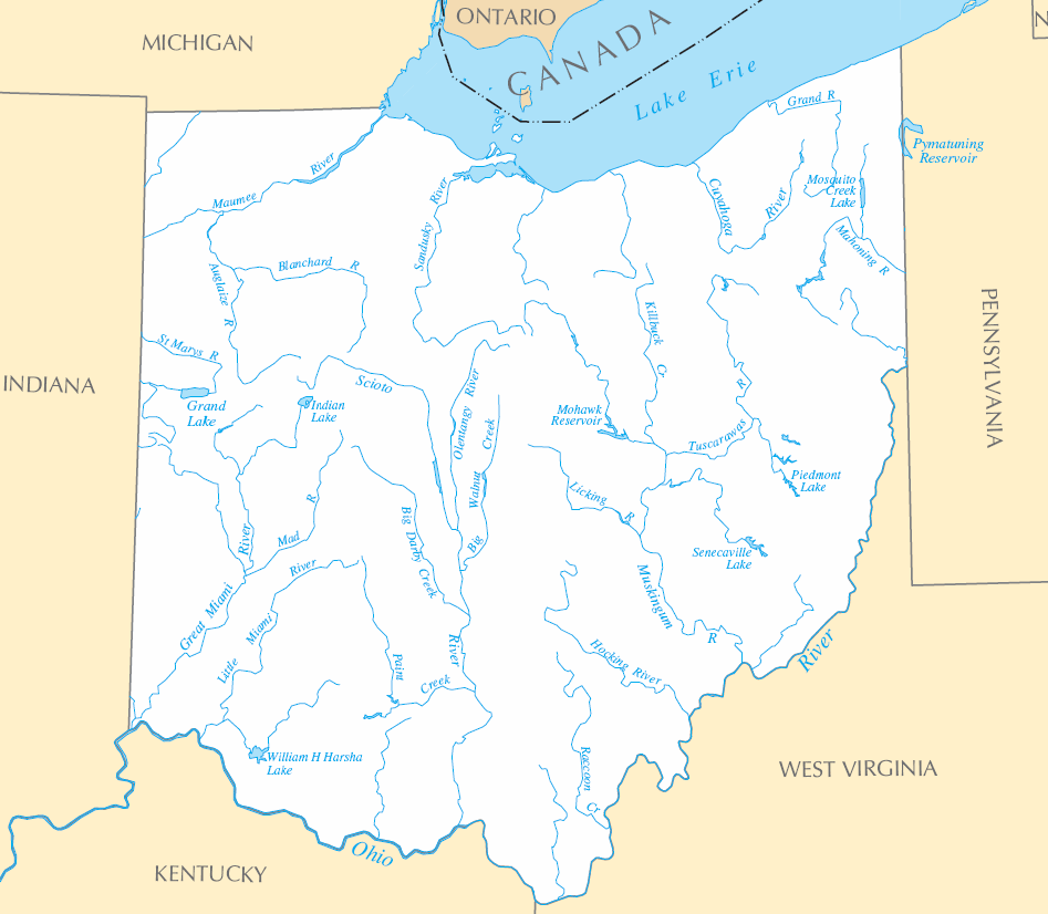 Carte rivières et lacs Ohio