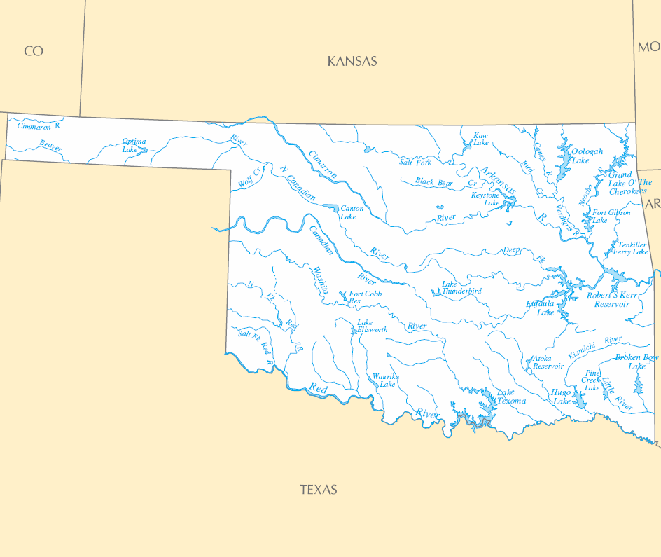 Carte rivières et lacs Oklahoma