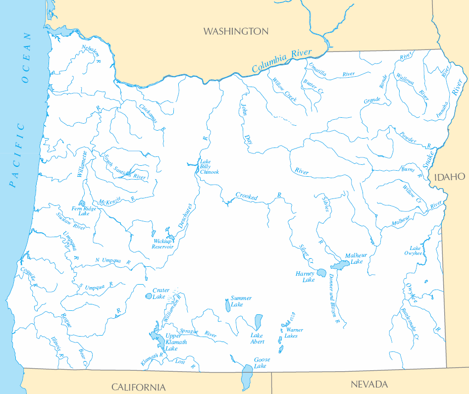 Carte rivières et lacs Oregon