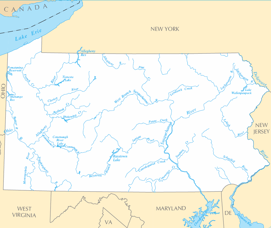 Carte rivières et lacs Pennsylvanie