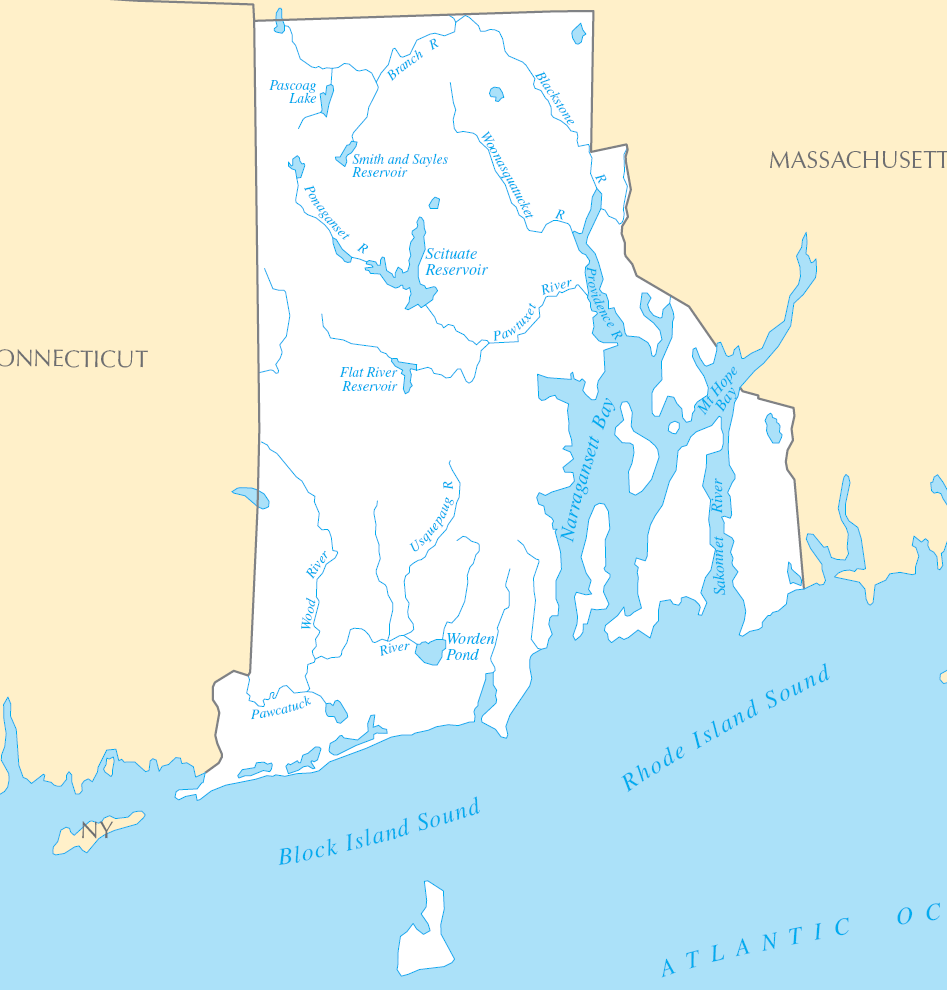 Carte rivières et lacs Rhode Island