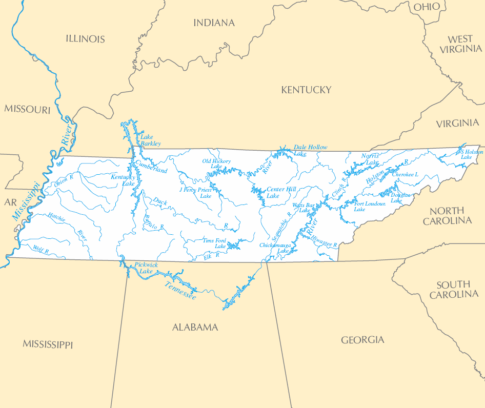 Carte rivières et lacs Tennessee