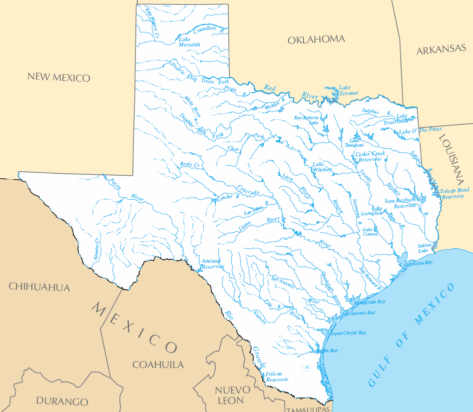 Carte rivières et lacs Texas