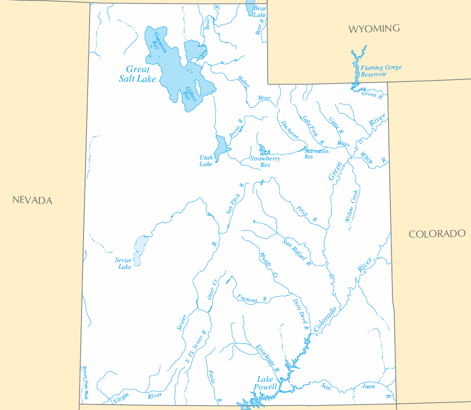 Carte rivières et lacs Utah