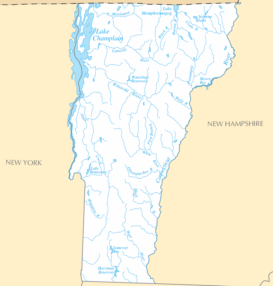Carte rivières et lacs Vermont