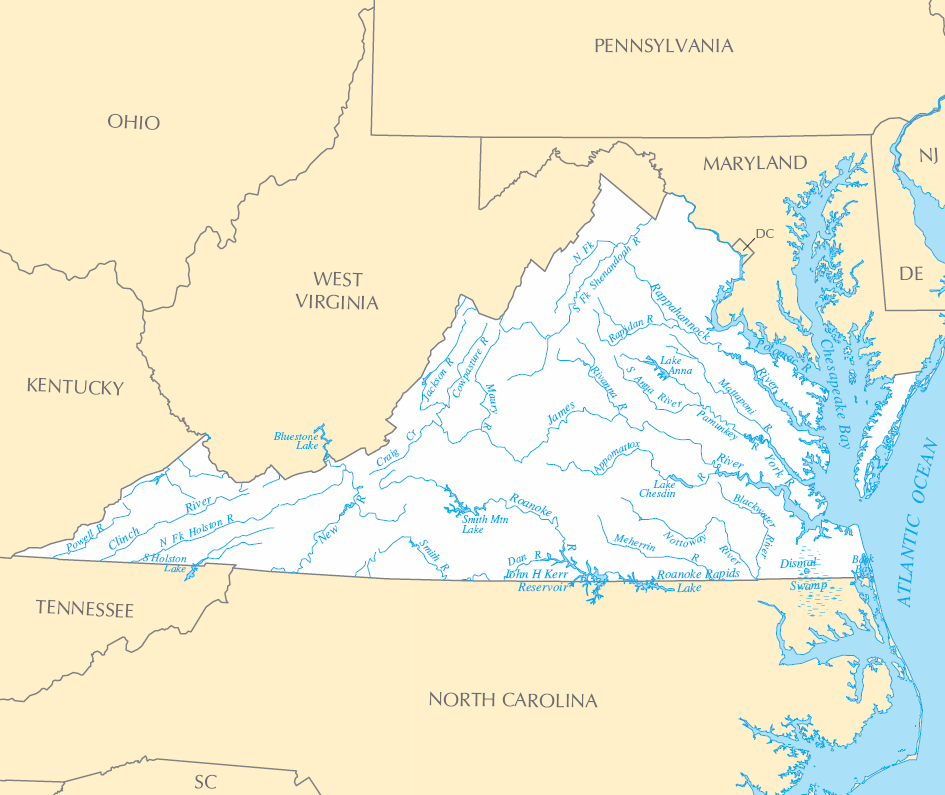 Carte rivières et lacs Virginie