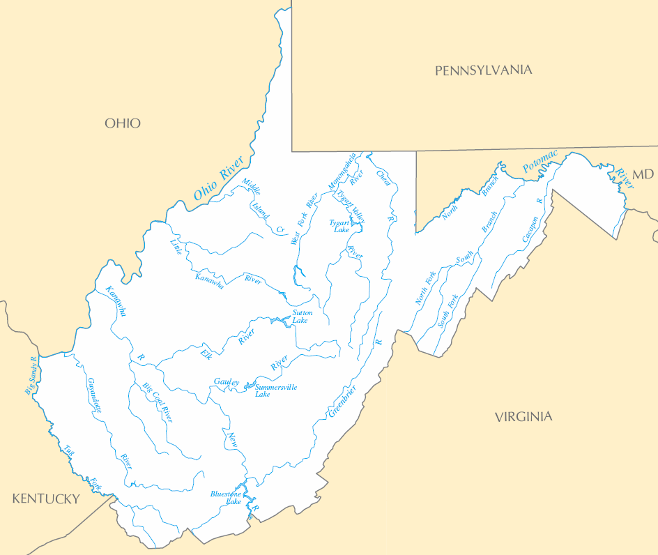 Carte rivières et lacs Virginie-Occidentale