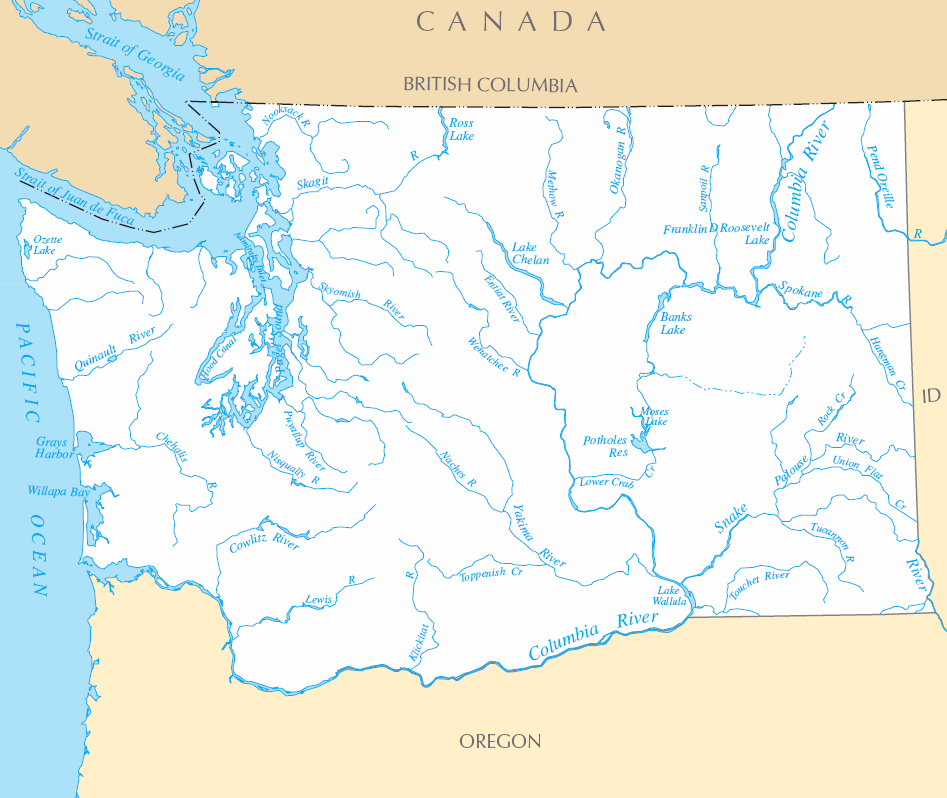 Carte rivières et lacs Washington