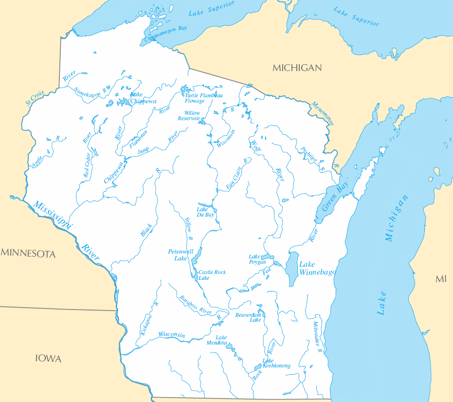 Carte rivières et lacs Wisconsin