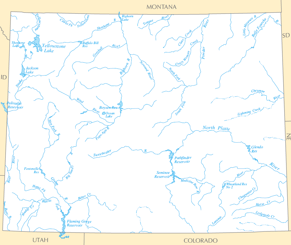 Carte rivières et lacs Wyoming