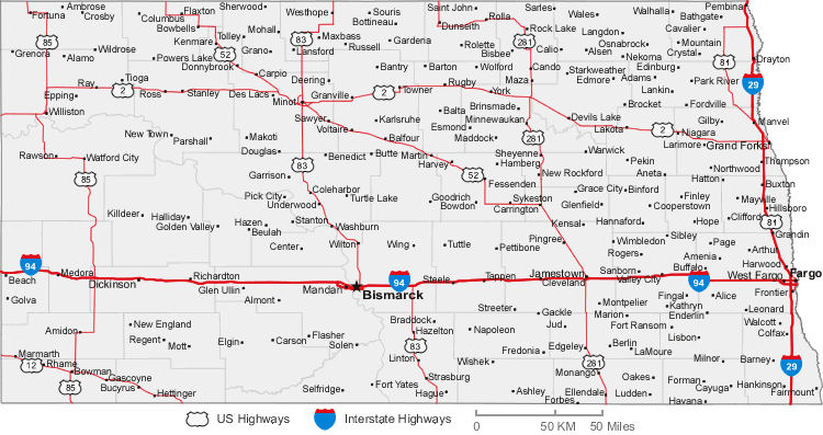 Carte routiere Dakota du Nord