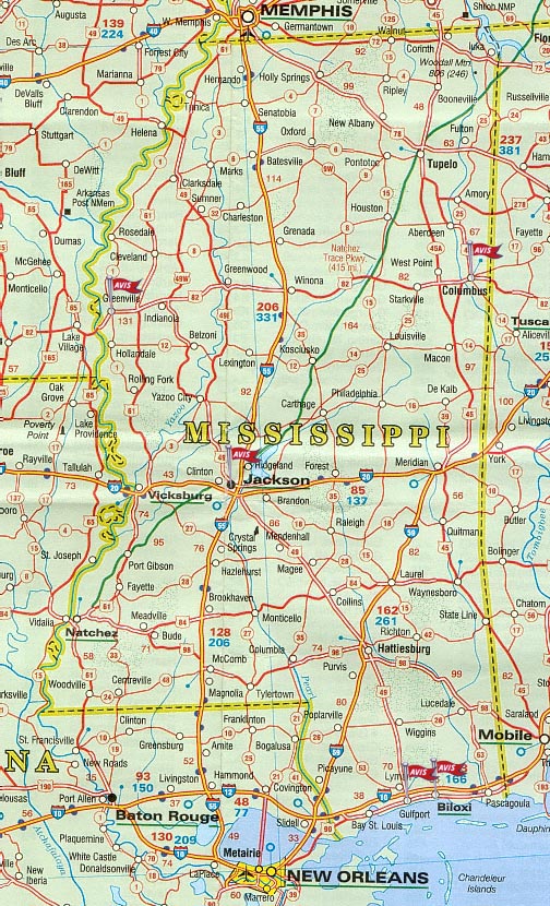 Carte routiere Mississippi