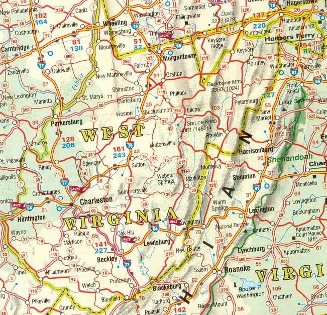 Carte routiere Virginie-Occidentale