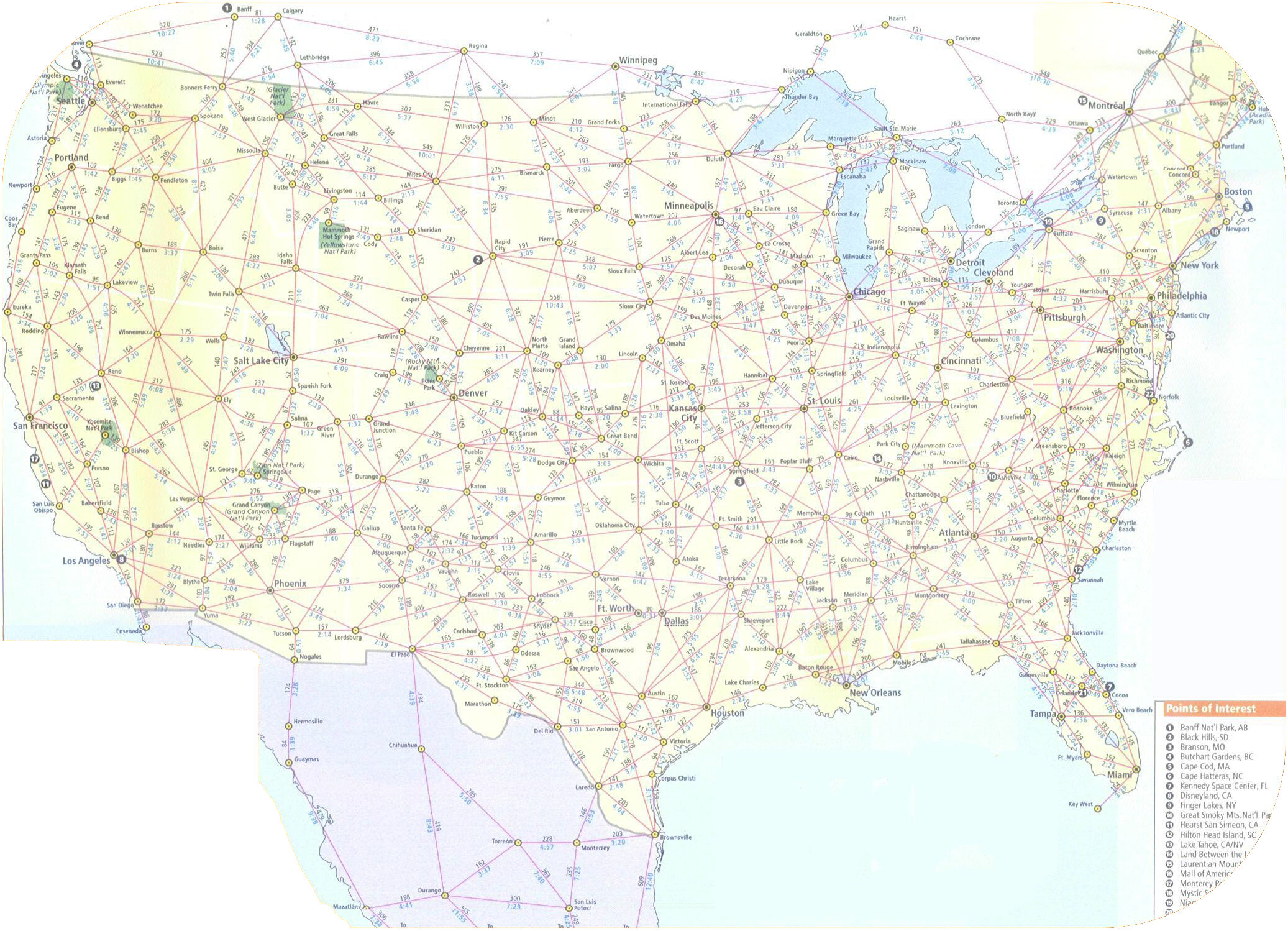 Carte des distances Usa Etats Unis