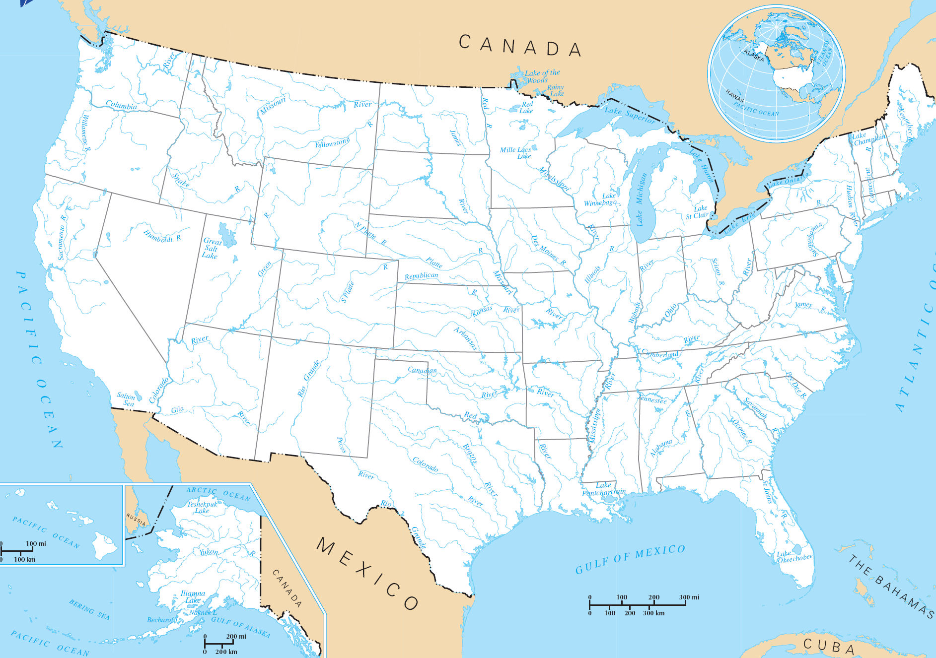 Carte fleuves rivières et lacs Usa Etats Unis