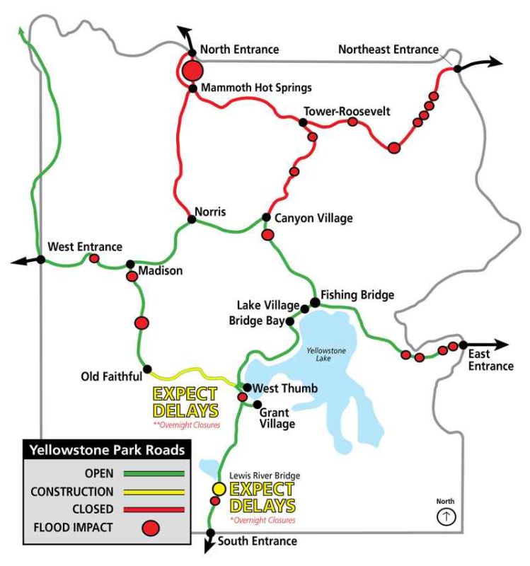 Yellowstone carte des entrées ouvertes et fermées