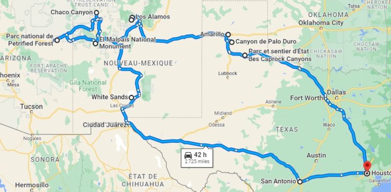 Carte de mon récit de voyage au Nouveau Mexique