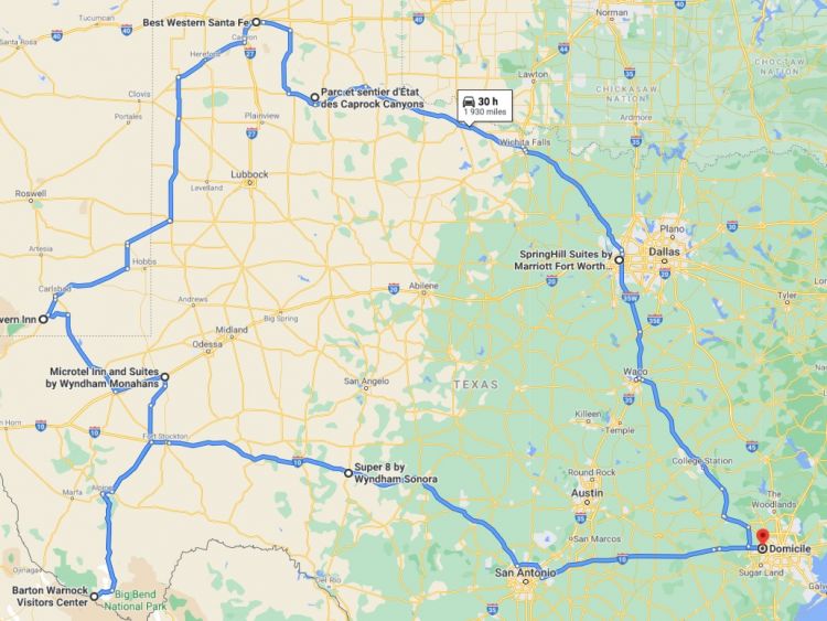 Carte roadtrip tour du texas