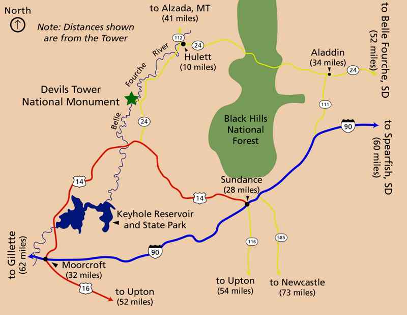 Carte routes Devils Tower