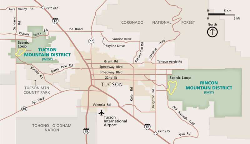 Carte Tucson Mountain District à l'ouest et Rincon Mountain District à l'est