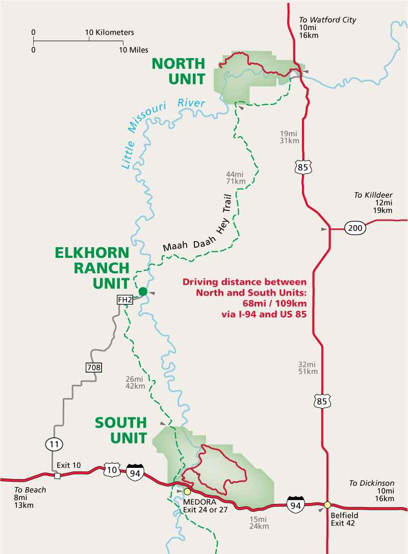 Carte de la région du Theodore Roosevelt National Park