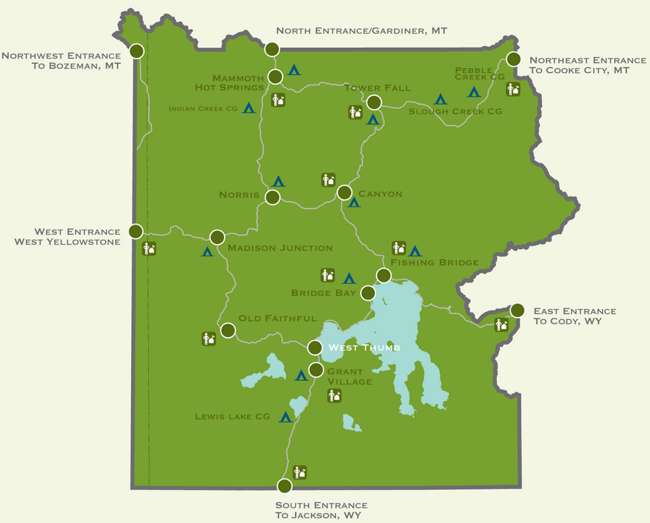 Carte des campings Yellowstone
