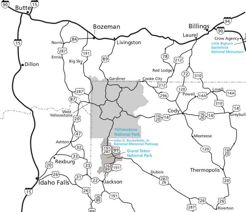 Carte routes Yellowstone