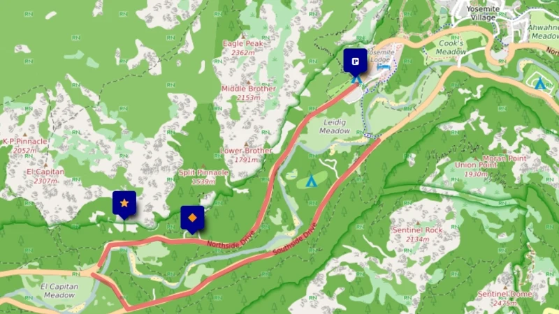 Carte localisation points de vue Horsetail fall Yosemite